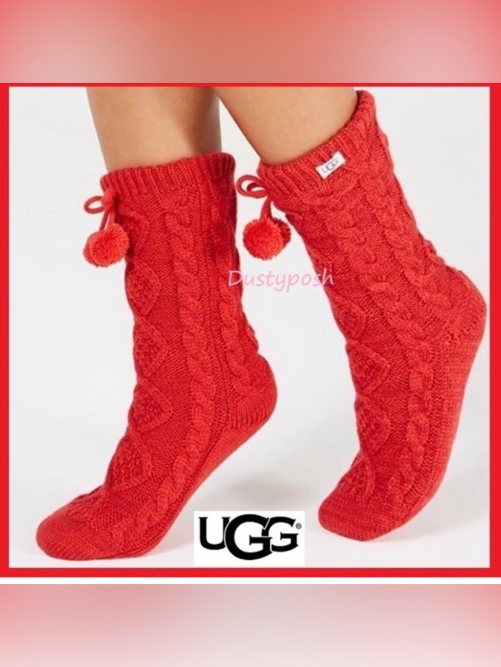 🆕 Women’s UGG Pom Pom Fleece Lined Crew Socks in Poppy Red. NWT